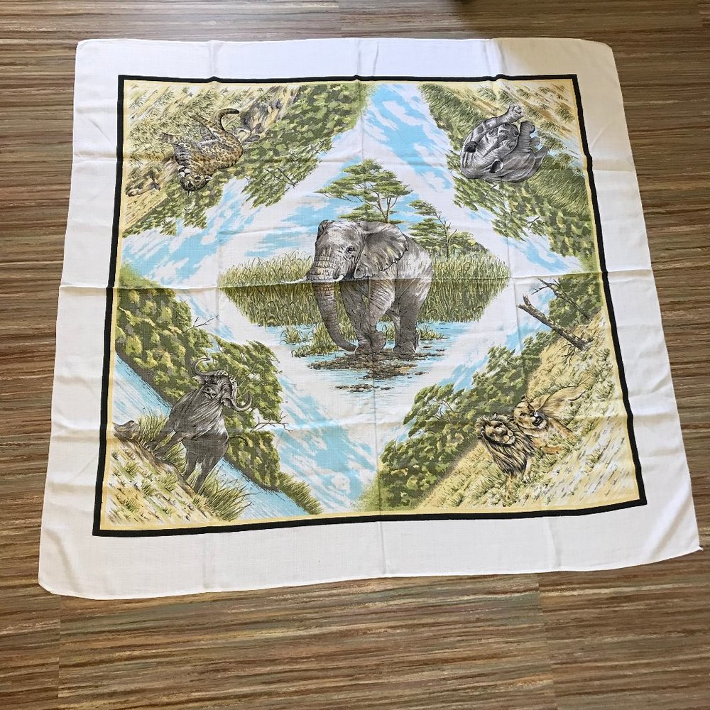 African Safari Animal Square Tablecloth 50" White Linen Weave Elephant Lions